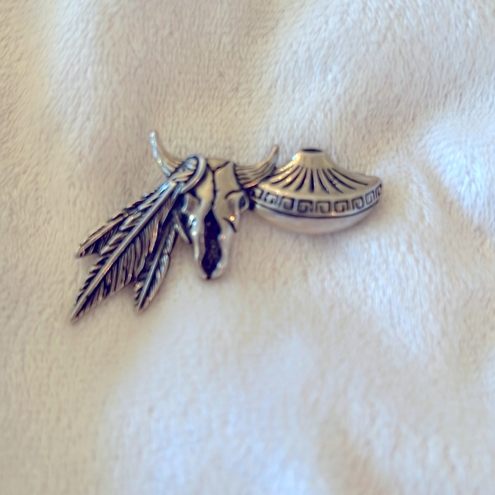 9.25 sterling silver pin feather, skull, pot